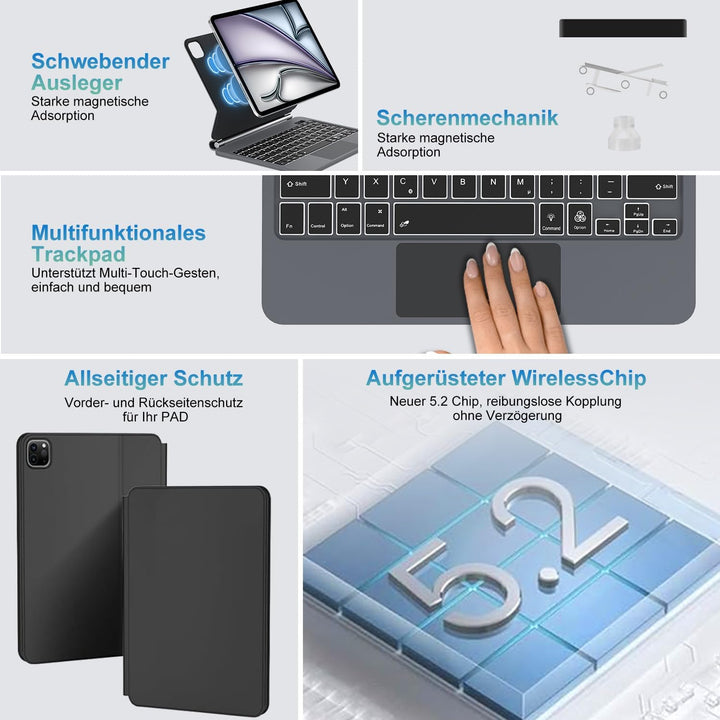 JADEMALL Magic Keyboard for iPad Air 11" M4 2026/M3 2025/M2 2024 - Deutsches QWERTZ Layout Tastatur