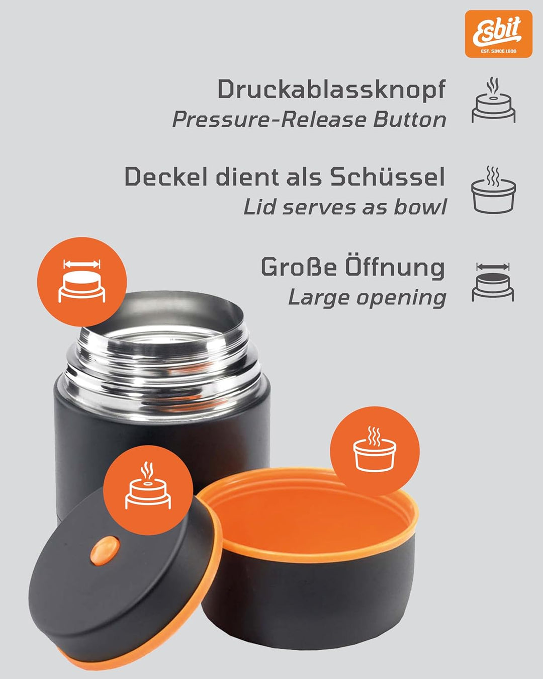 Esbit Thermobehälter Classic für Speisen - Warmhaltebehälter 750 ml in Schwarz - aus Edelstahl für w