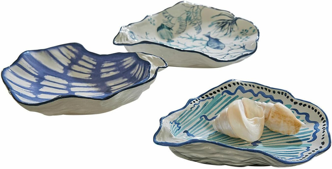 Loberon Schale 3er Set Allarmont, von Hand bemalt, maritimes Flair, Muschelstruktur auf der Untersei