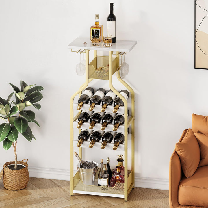 Garvee Weinregal Gold mit Glashalter, freistehendes Flaschenregal für 12 Flaschen, schmales Barregal