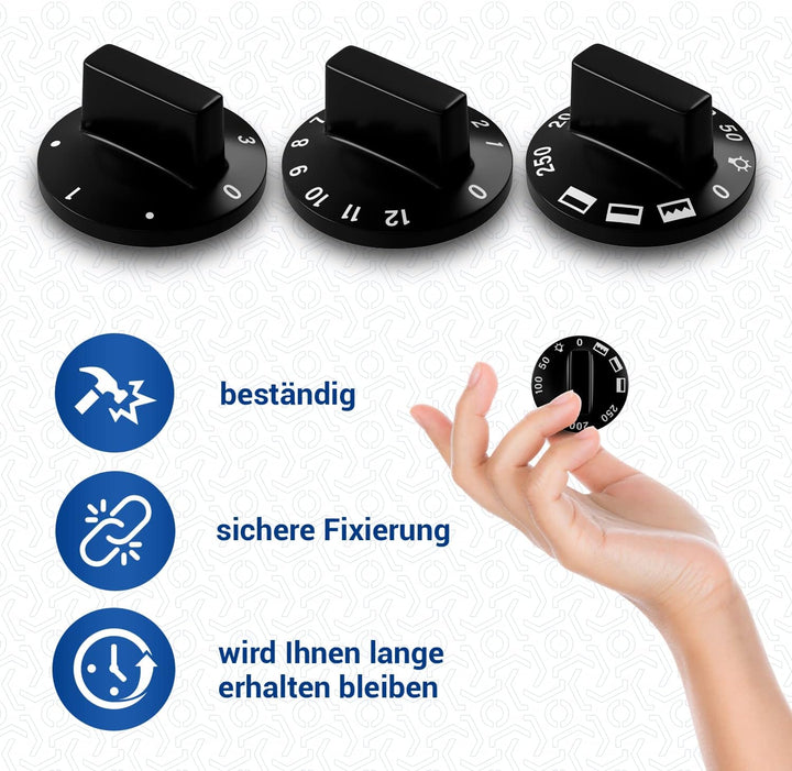 VIOKS Drehknopf Herd Knebel 52mmØ Set - 9x Herd Knopf Schwarz & Herd Ersatzteile Drehknopf 6mm Achse