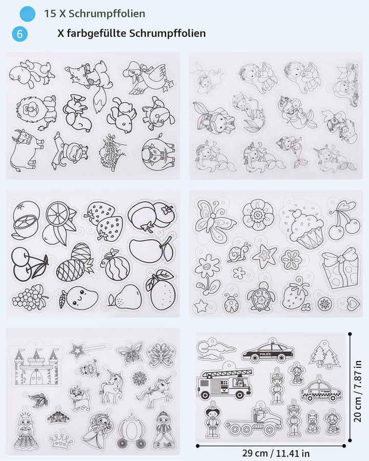 FAOKZE 195 Stück Schrumpffolie Set,21 Stück Schrumpffolie zum Basteln,Inklusiv A4 Schrumpfpapier,Sch