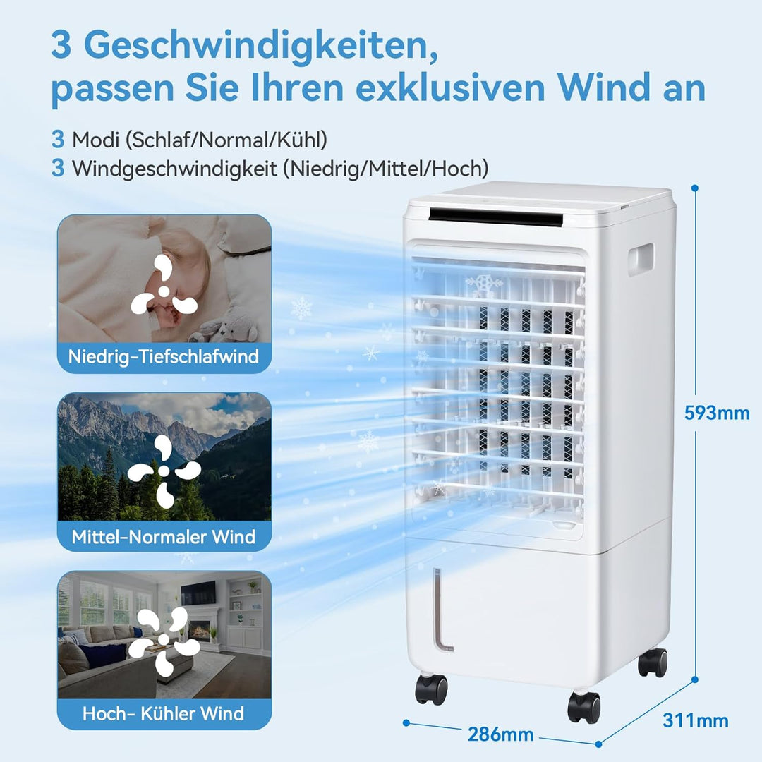 Fullwatt Mobiler Luftkühler 7 Liter Kapazität, Mobile Klimageräte mit 2 Kühlakkus, 80W, 3 in 1 Luftb