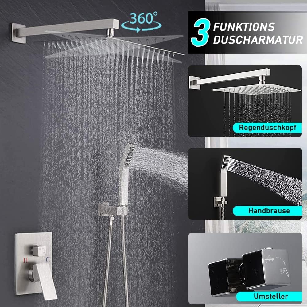 Duschsystem Unterputz Duscharmatur Set mit Regendusche 30x30cm Kopfbrause Handbrause, Unterputz Arma