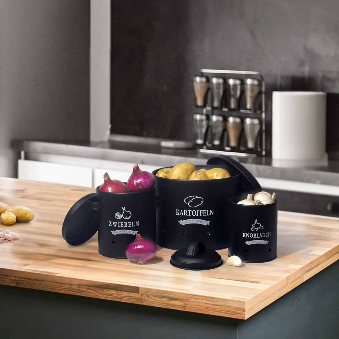 Theo&Cleo Kartoffel Vorratsdosen Set, Kartoffeltopf im Retro Design Zwiebeltopf, Grosser Vorratsbehä