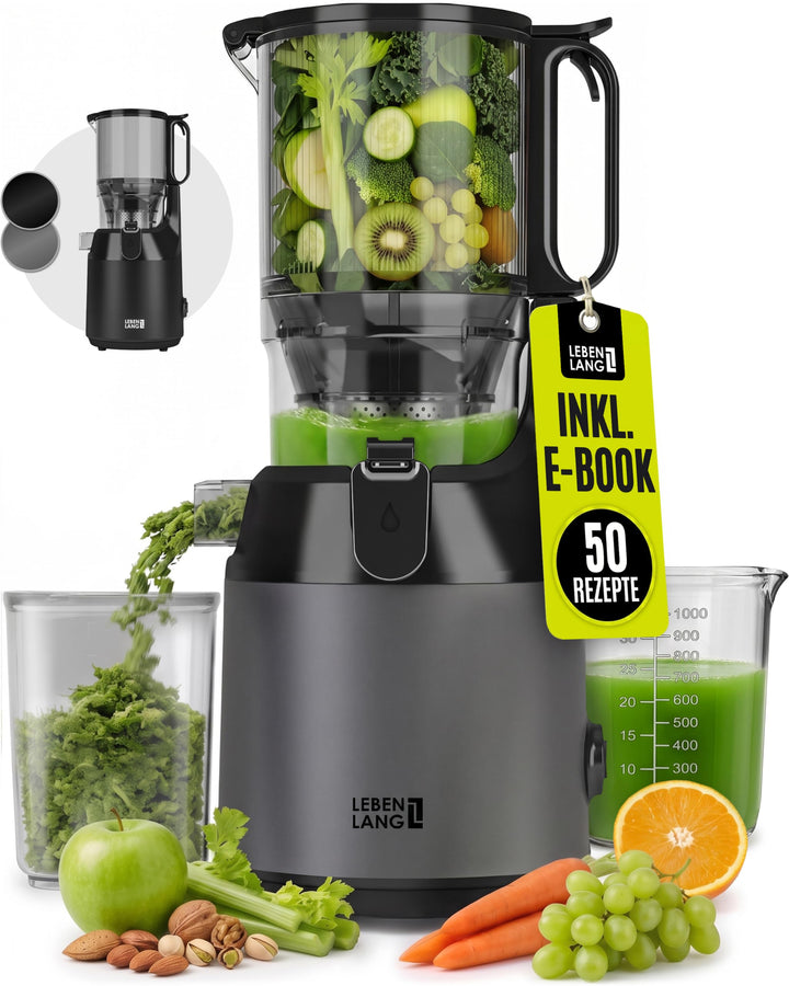 LEBENLANG Entsafter Slow Juicer - Inkl. Rezeptbuch &amp; Grosse 130mm Öffnung I Perfekt für Obst ganze F