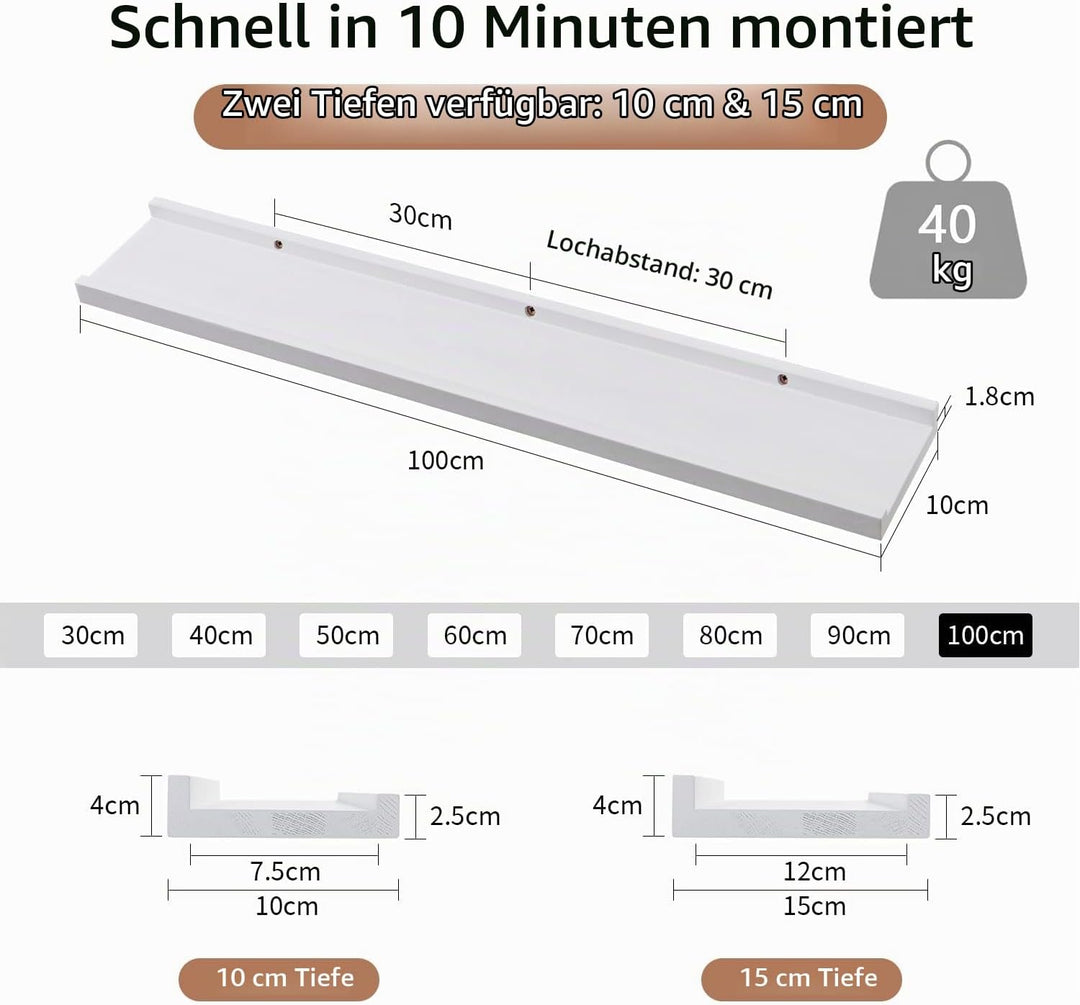 Wandregal Weiss, 100CM Bilderleiste Weiss massives Eichenholz Regal weiss Schweberegal für Fotorahme