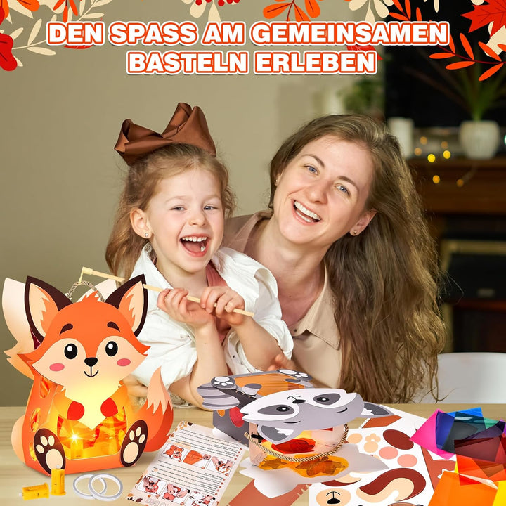 Herenear 3 Stück Herbst Kinder Laternen, Tierische Papierlaternen mit Laternenstäben, DIY Tier Dekor