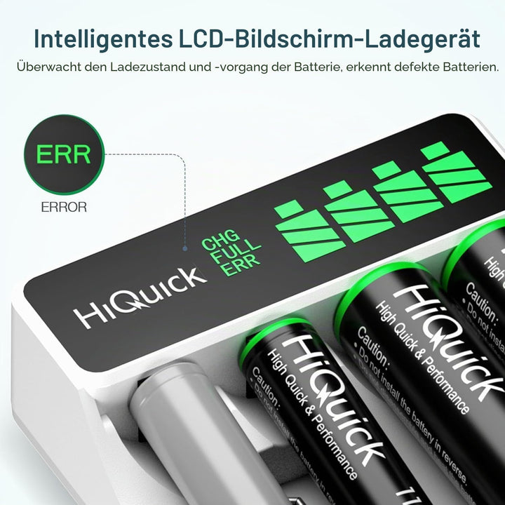 HiQuick Akku Ladegerät, mit LCD Anzeige, für NI-MH NI-CD AA/AAA Akkus, 4-Ladeplatz Universal Schnell