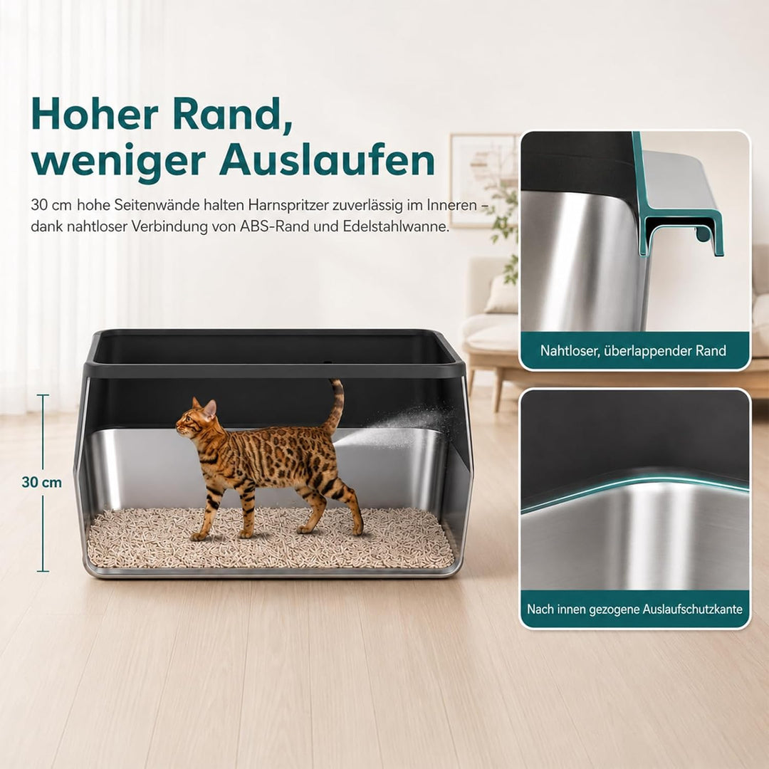 2er Set XXL Katzenklo Edelstahl 60×40×30 cm (37 L) – hoher Rand offene Katzentoilette Edelstahl für