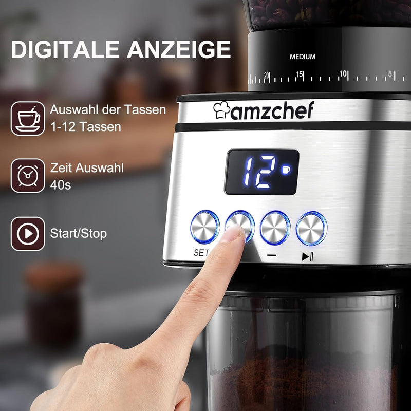 AMZCHEF Kaffeemühle Elektrisch | Individuelles Schleifvolumen und 30Mahlgrad Einstellbar | Elektrisc