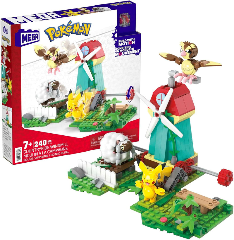 MEGA Pokémon Bauspielzeug für Kinder, Windmühlen-Farm mit Pikachu-, Taubsi- und Wolly-Actionfigur zu