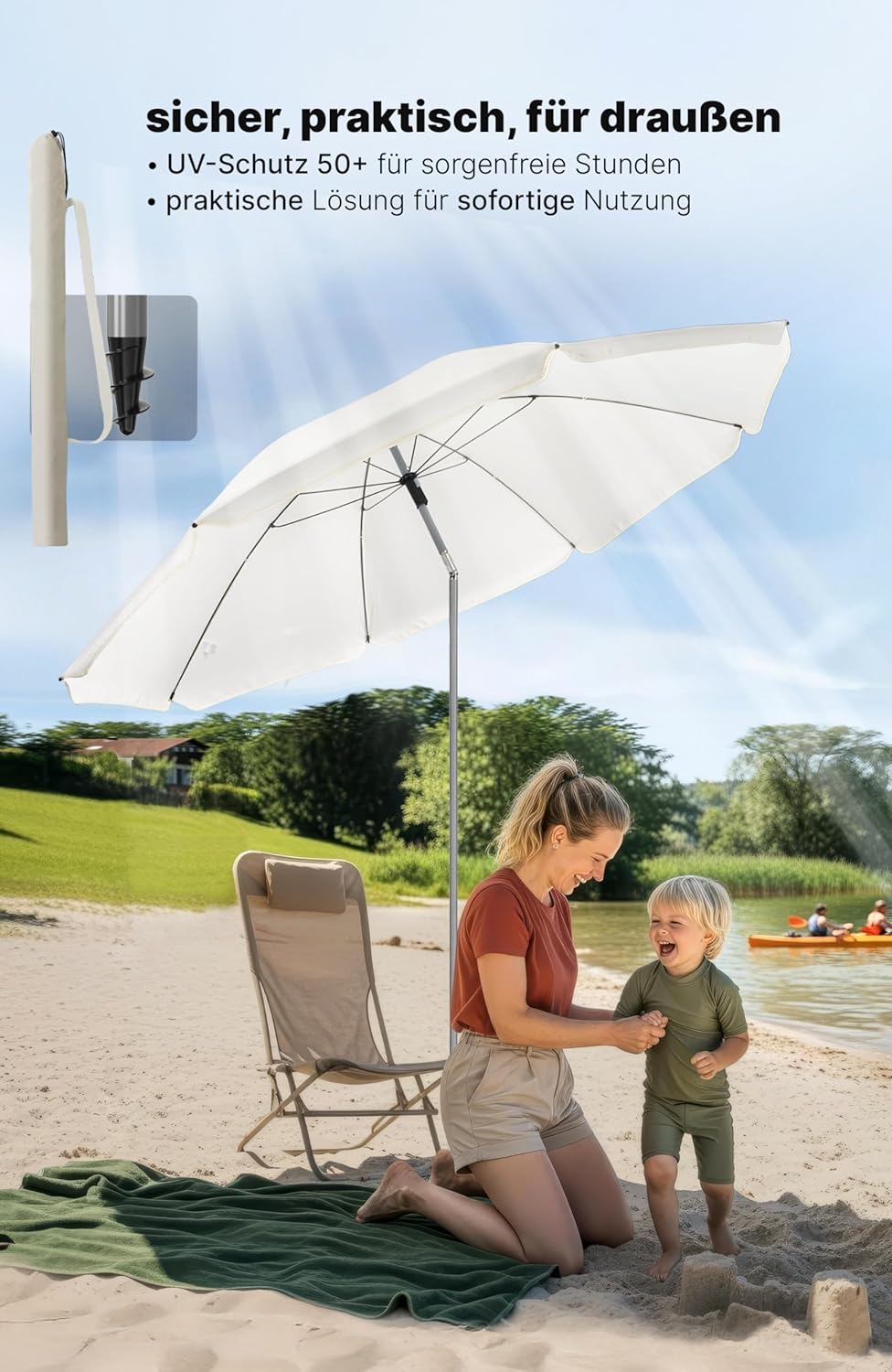4smile Sonnenschirm Strand SunnyJoy, Beige - UPF 50+ Strandschirm Ø 180 cm, sicherer Sonnenschutz St