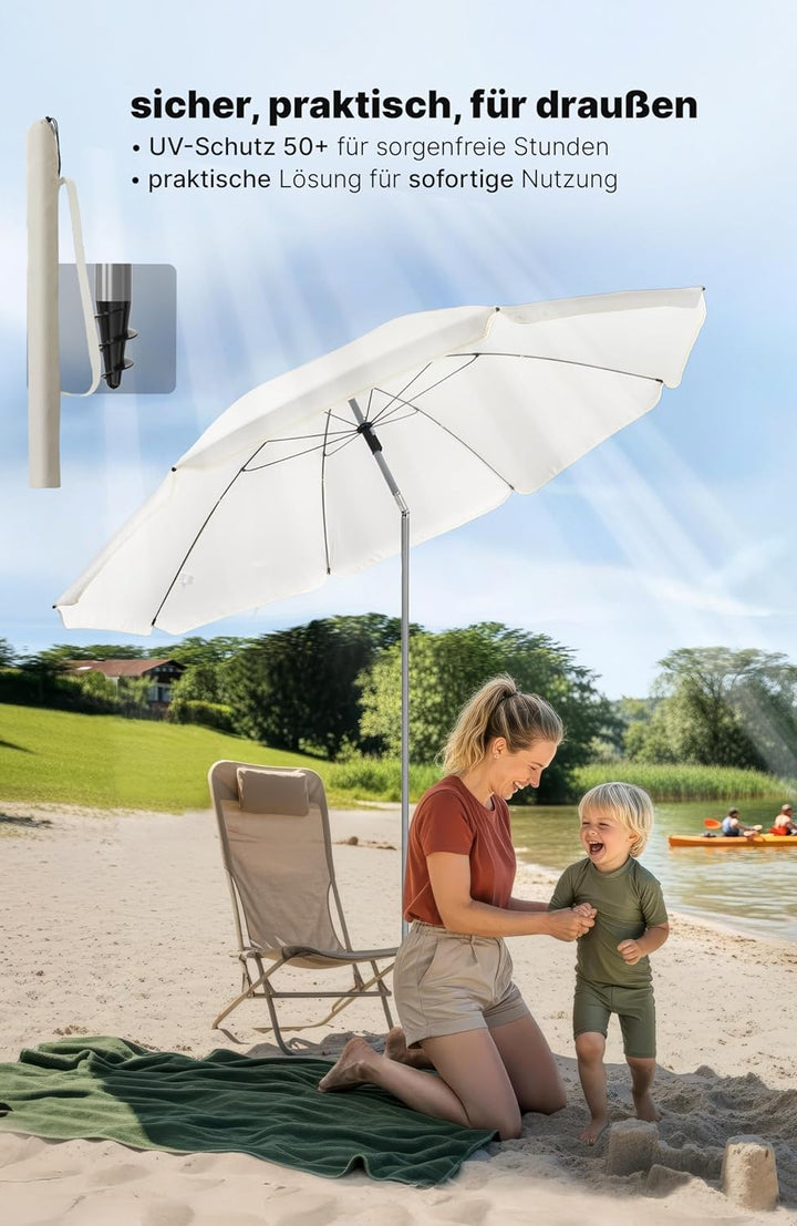 4smile Sonnenschirm Strand SunnyJoy, Beige - UPF 50+ Strandschirm Ø 180 cm, sicherer Sonnenschutz St