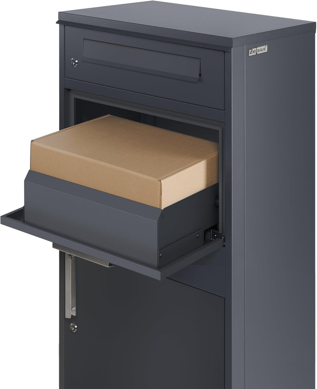 Zelsius Briefkasten mit Paketfach Neptun | pulverbeschichteter Stahl mit Edelstahl Elementen | RAL70