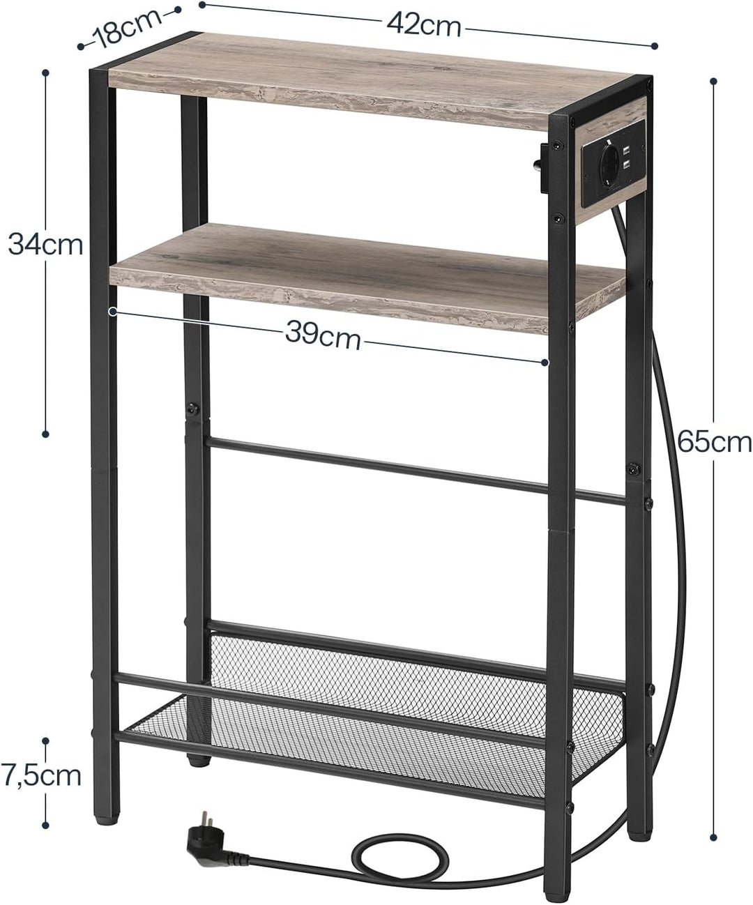 HOOBRO OOBRO Beistelltisch mit Steckdosenleiste, 3-stufiger schmaler Nachttisch, 1 Standardsteckdose