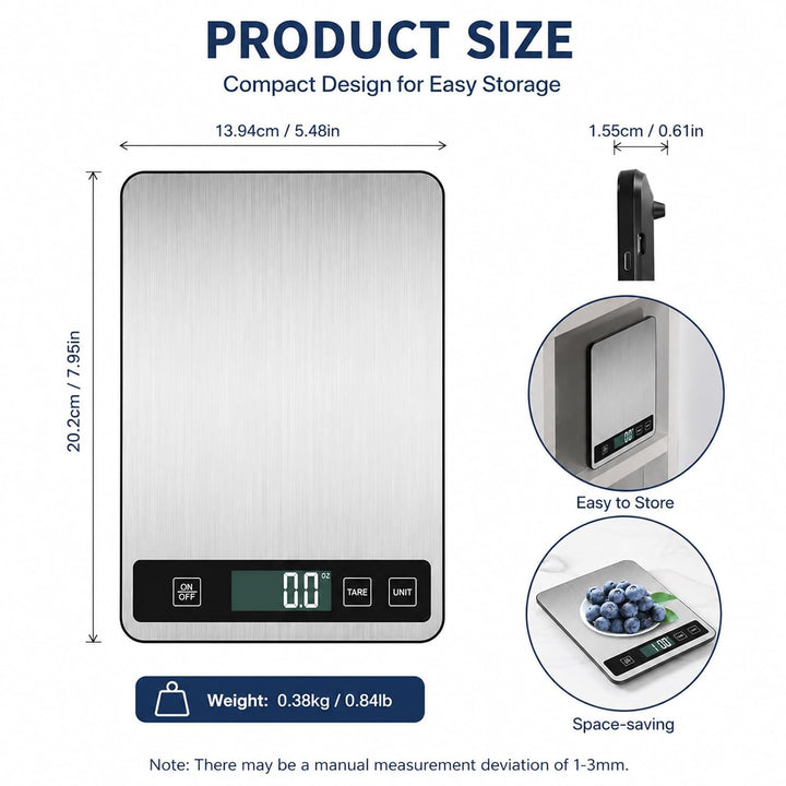 Digitale Küchenwaage 15kg/33lb, Lebensmittelwaage mit Tara-Funktion, Edelstahl Waage, LCD-Anzeige, H