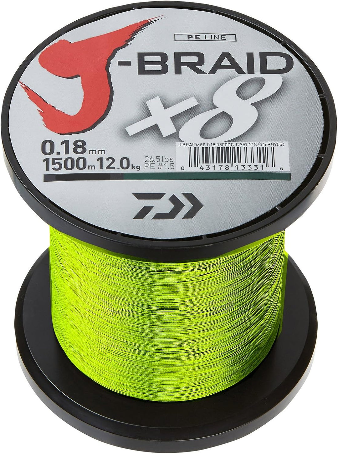 DAIWA J- Braid X8, Chartreuse, 0.28mm, 26.5kg / 58.0lbs, 1500m, Rund Geflochtene Angelschnur, 12750-