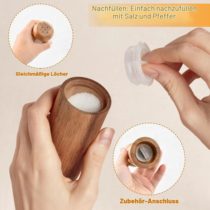 Elegantes Salz und Pfefferstreuer Set - Handgefertigtes Pilz-Design aus Bambus mit Ablage - Nachfüll