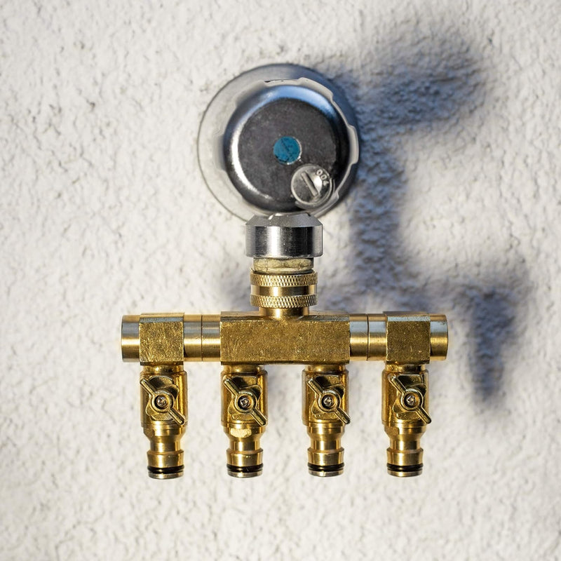 UPP Wasserverteiler 4-Wege I Für 1/2" & 3/4" Wasserhahn-Anschluss mit Steckkupplung I 4-Fach-Verteil