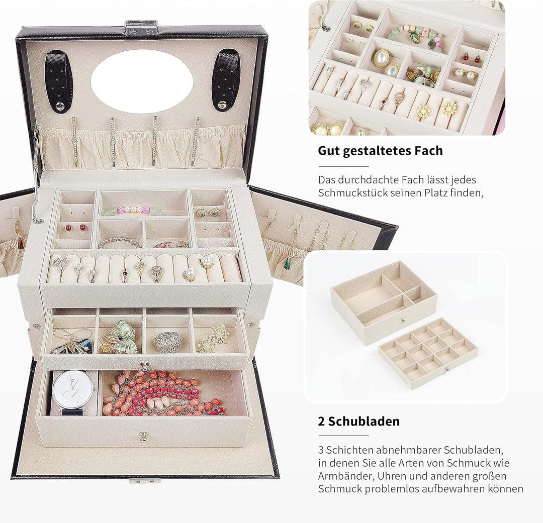 AdelDream Schmuckkasten Schmuckkästchen mit 2 Schubladen abschliessbarer Schmuck-Organizer mit Spieg
