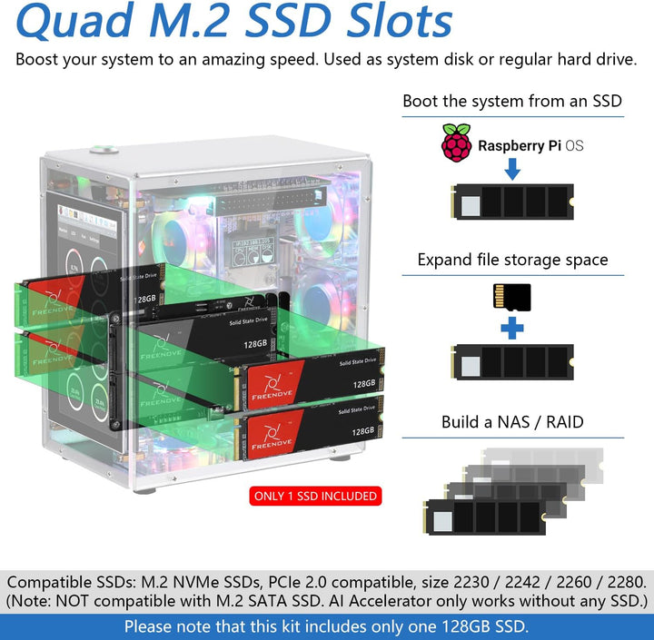 FREENOVE Raspberry Pi 5 NAS Case Kit (with 1x 128GB SSD), Quad M.2 NVMe SSD Slots, 5 PWM ARGB Fans L
