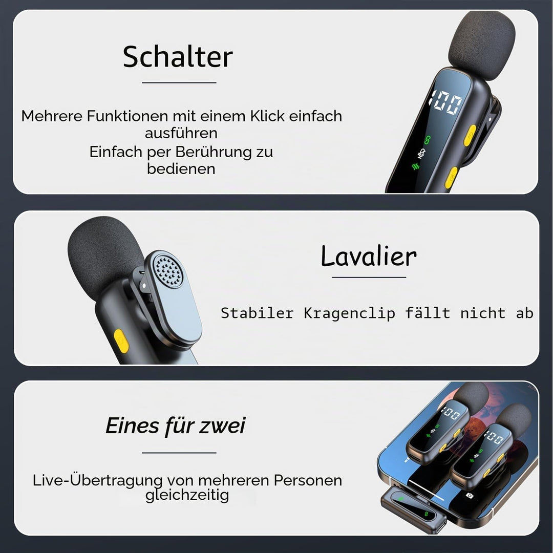 Mikrofon Handy, Kabelloses Lavalier Mikrofon für iPhone, Android, PC, Mini Mikrofon mit Geräuschunte