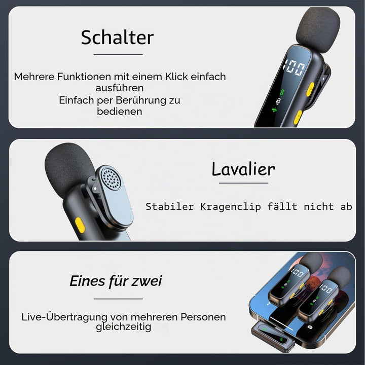 Mikrofon Handy, Kabelloses Lavalier Mikrofon für iPhone, Android, PC, Mini Mikrofon mit Geräuschunte
