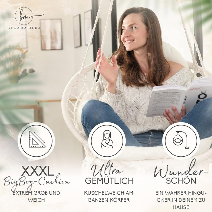 BELLAMATILDA® Hängesessel mit XXXL Kissen 100% Baumwolle | Weicher Hängestuhl Outdoor &amp; Indoor | Hän
