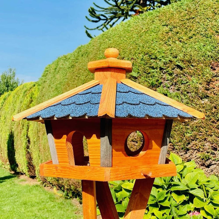 Vogel Futter Haus L oder XL Sechseck Holz Vogelhaus Futterstelle Braun/Blau, Rot, Schwarz und Grün (