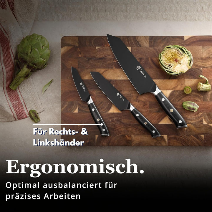 Wakoli Titanium Noir 3er Messerset mit 8-17cm Klingen, G10 Griff, in Holzbox, Premium Edelstahl Küch