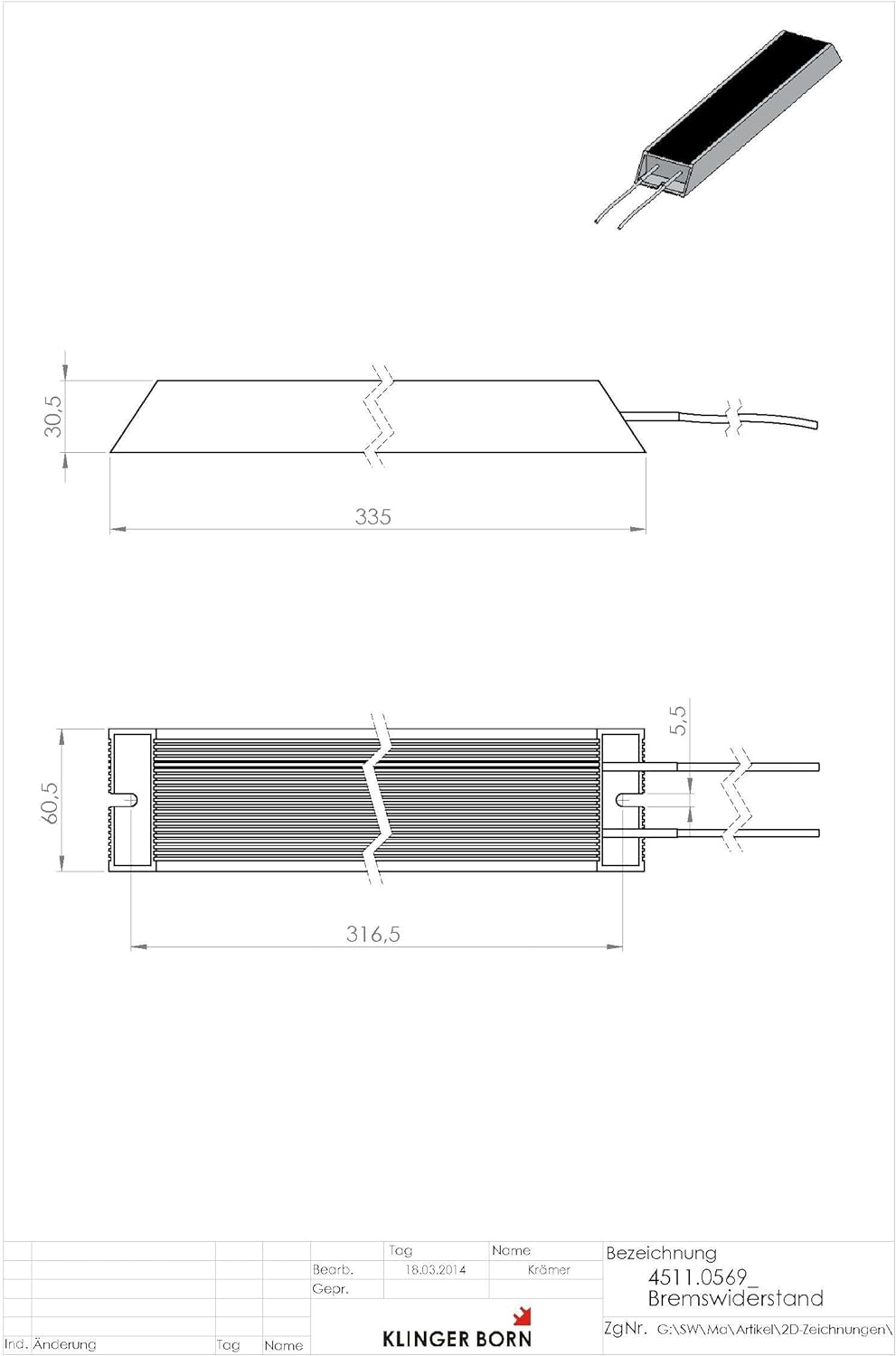 Bremswiderstand 3Ph-400V 5,5kW - 100Ohm/500W