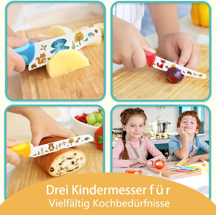Kibbidea Kindermesser-Set 4-teilig, Küchenmesser für Kinder ab 3 Jahren, Edelstahl, Abgerundete Klin