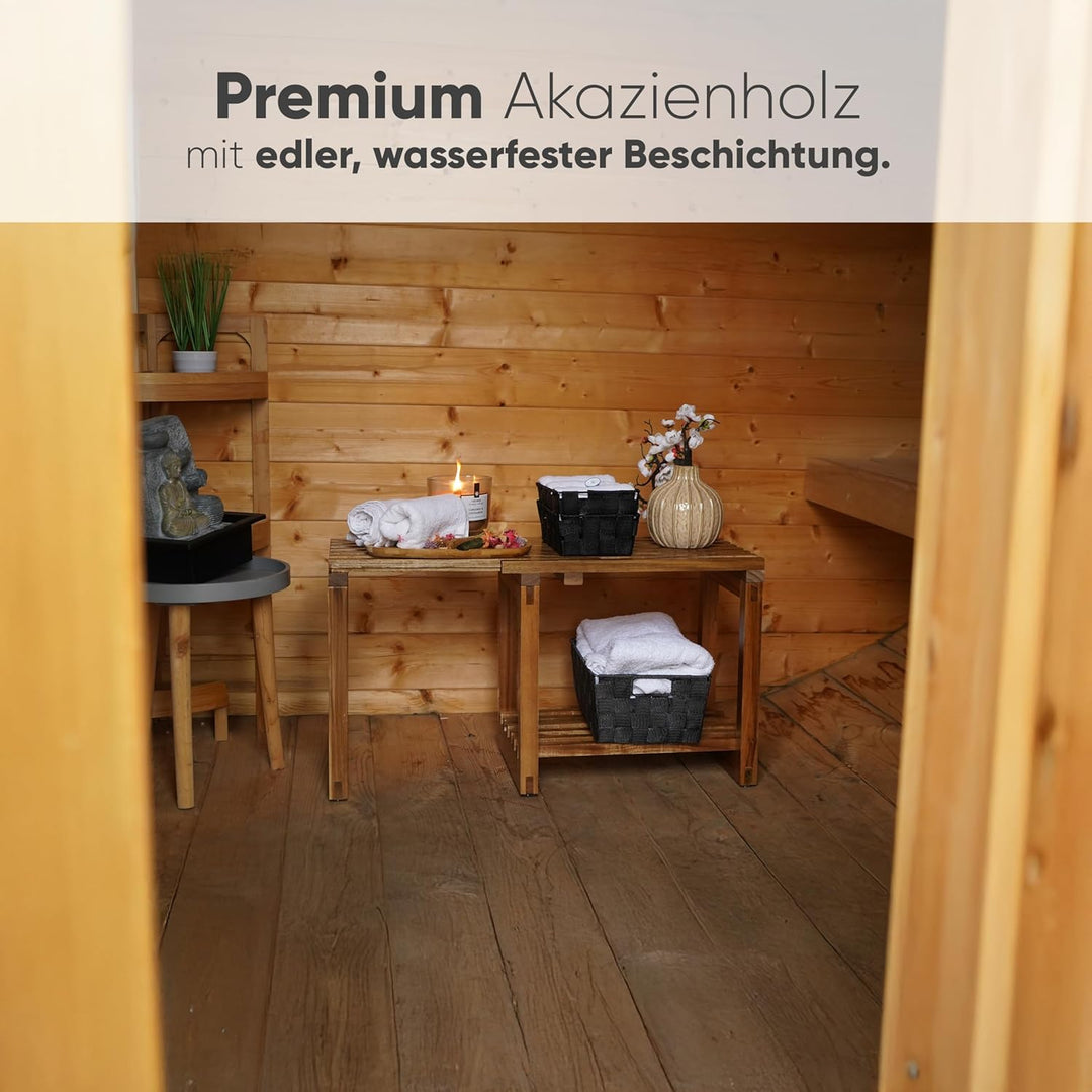 SVADA ausziehbarer Duschhocker aus Akazienholz - Duschbank Akazie mit Ablage - multifunktionale Saun