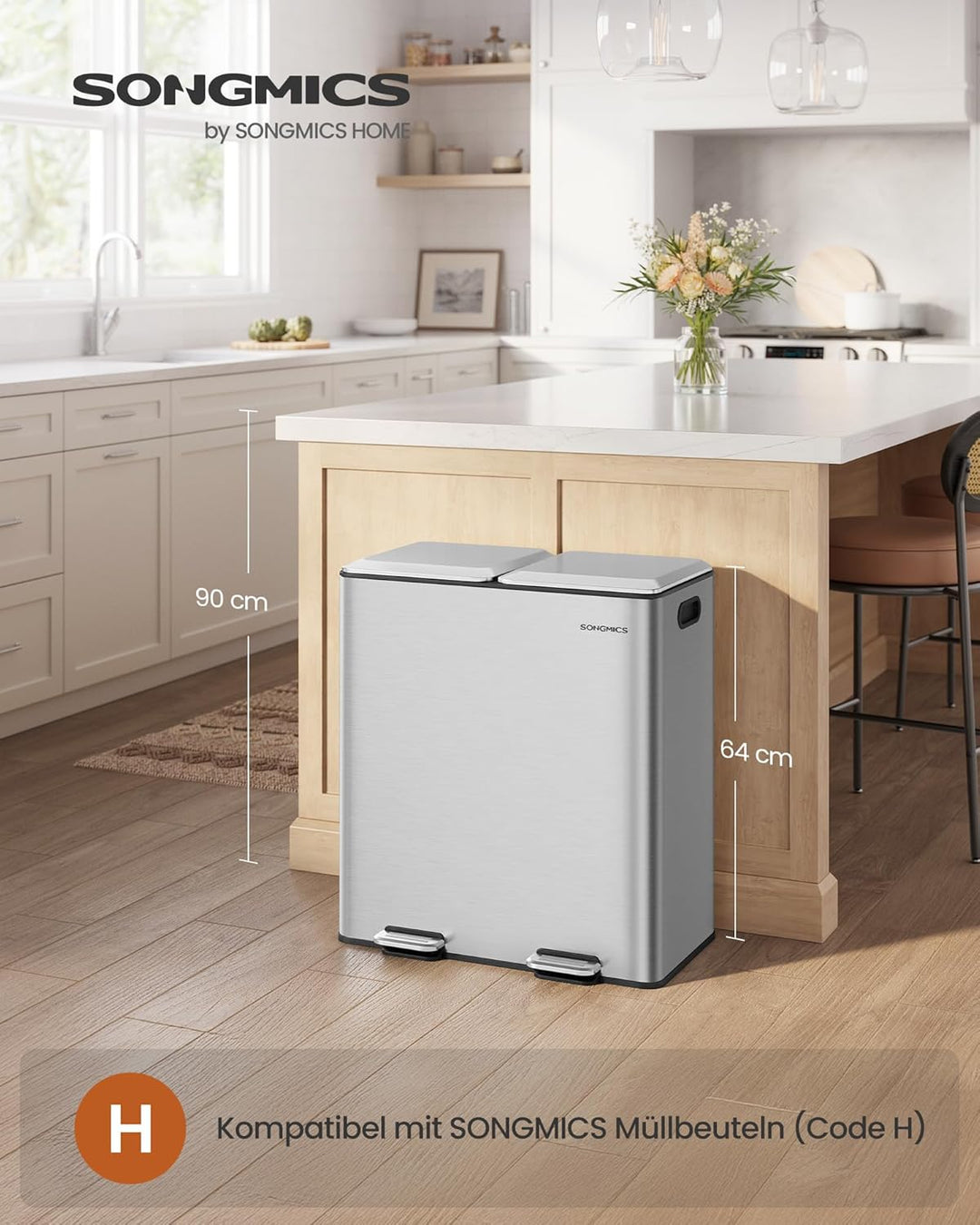 SONGMICS Mülleimer Küche, 2 x 30 L, 2 Fächer, Mülltrennsystem, Softclose, herausnehmbare Inneneimer,