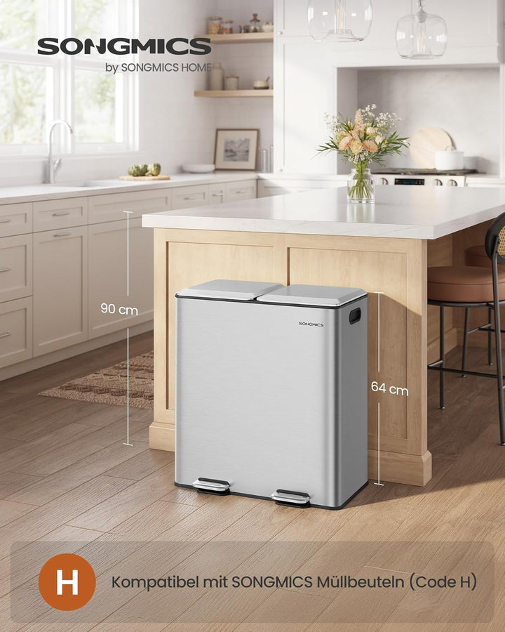 SONGMICS Mülleimer Küche, 2 x 30 L, 2 Fächer, Mülltrennsystem, Softclose, herausnehmbare Inneneimer,