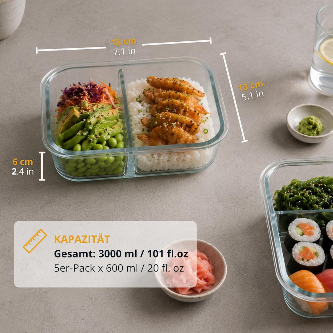Winter Shore Meal Prep Boxen Glas mit 2 Fächern (5er-Pack) - Lebensmittelsichere, BPA-Freie, Auslauf