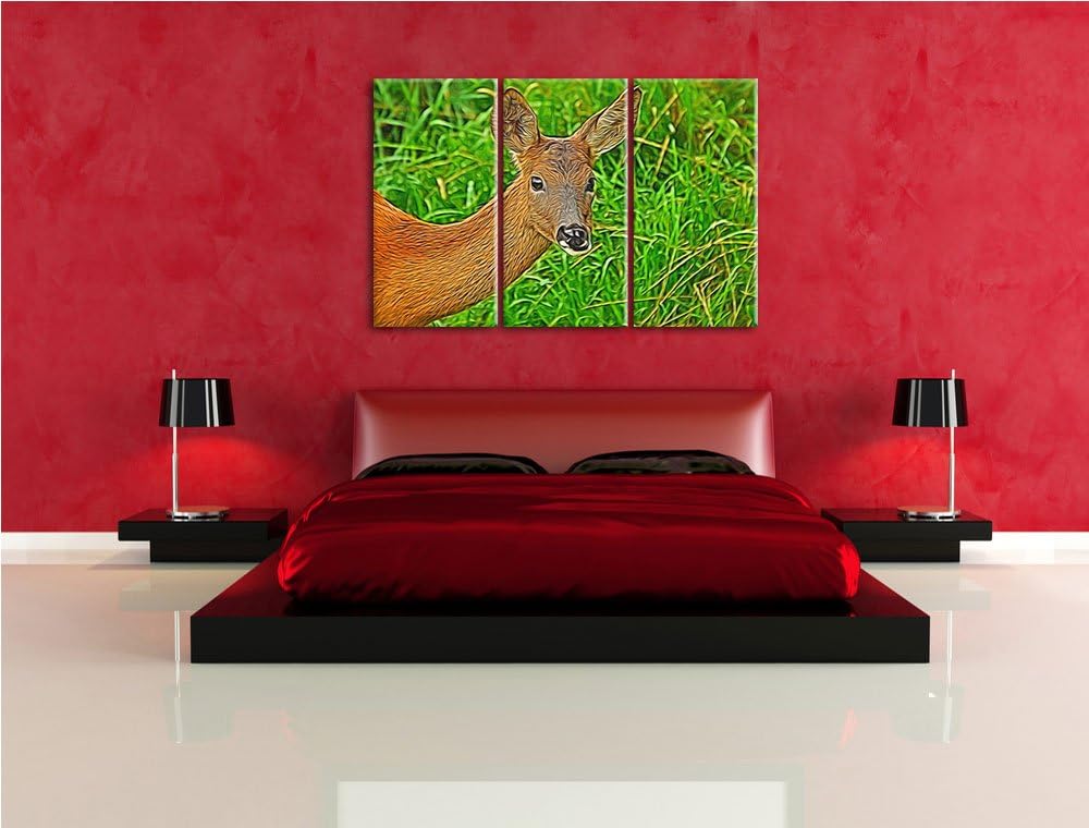 Reh beim Fressen 3 Teilig, Gesamtgrösse 120x80 cm auf Leinwand, XXL riesige Bilder fertig gerahmt mi