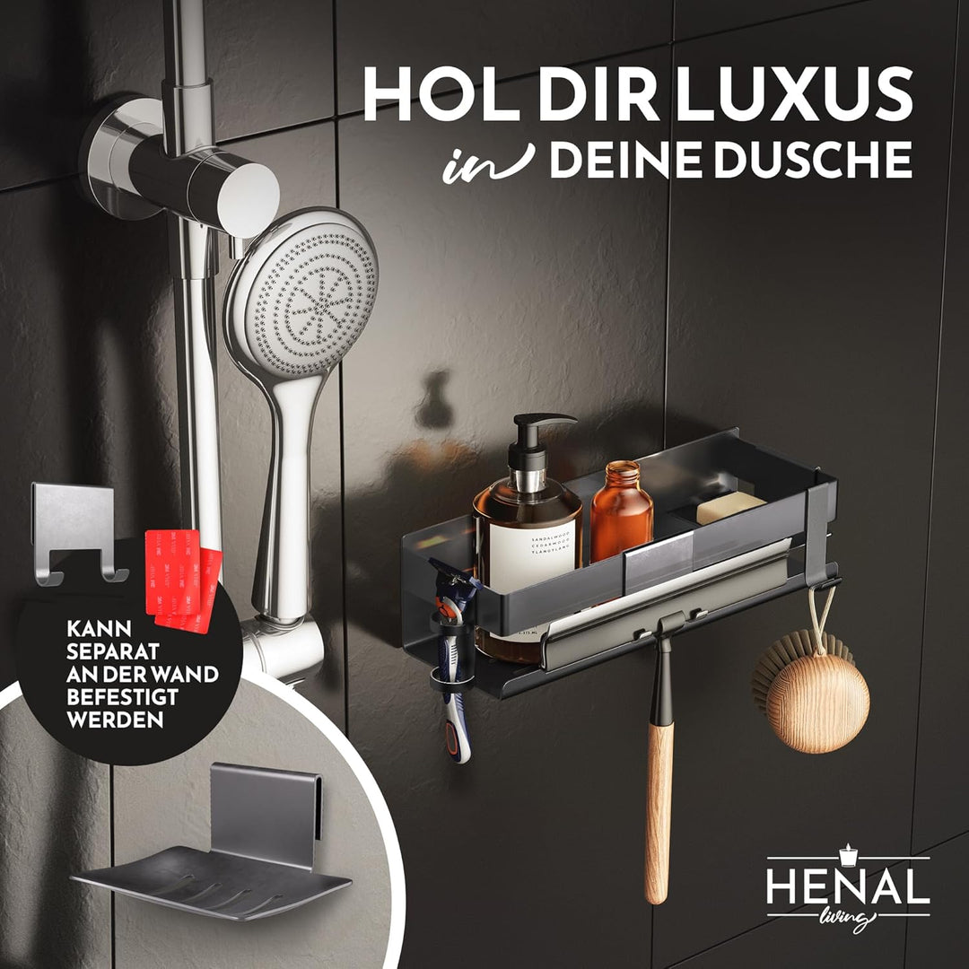 HENAL Duschablage SET 5 in 1, Edelstahl-Duschablage schwarz matt ohne bohren, Duschregal inklusive R