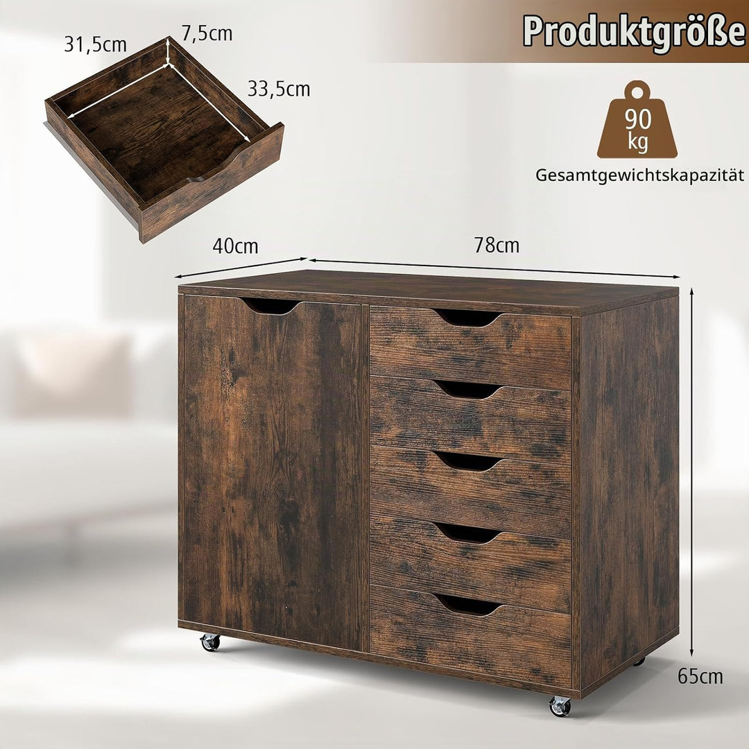 GIANTEX Rollcontainer mit 5 Schubladen &amp; Schrank, Aktenschrank mit Rollen, Schubladenschrank Holz, D