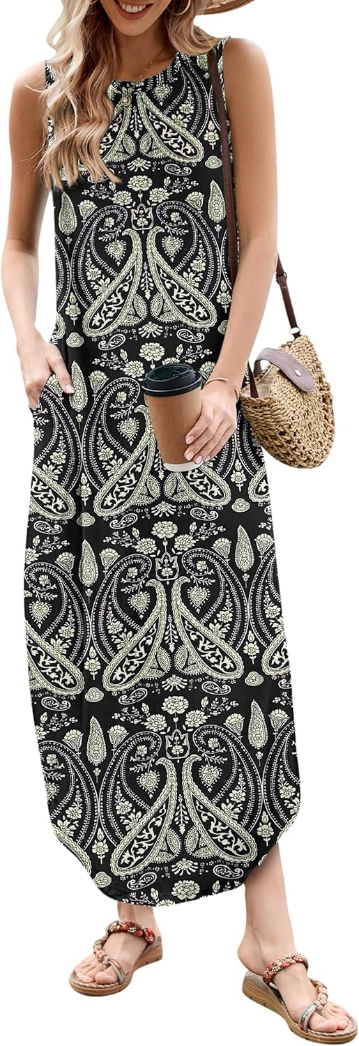 AUSELILY Maxikleider Damen Sommer Ärmellos Strandkleid Lang Kleider S Boho Schwarz Blume1, S Boho Sc