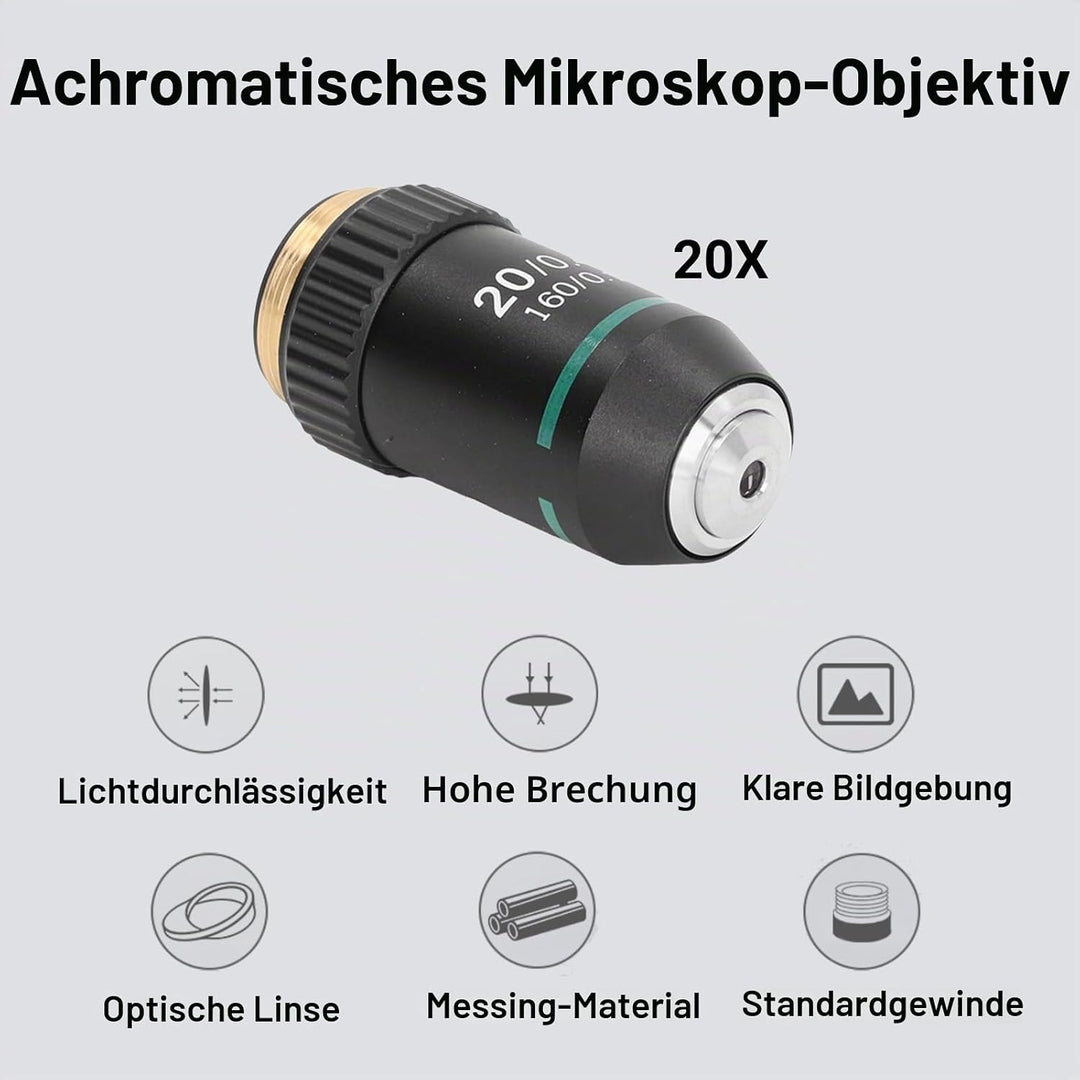 Achromatisches Objektiv Achromatisches Mikroskopobjektiv aus Messing Verchromtes 20X-Mikroskop-Objek