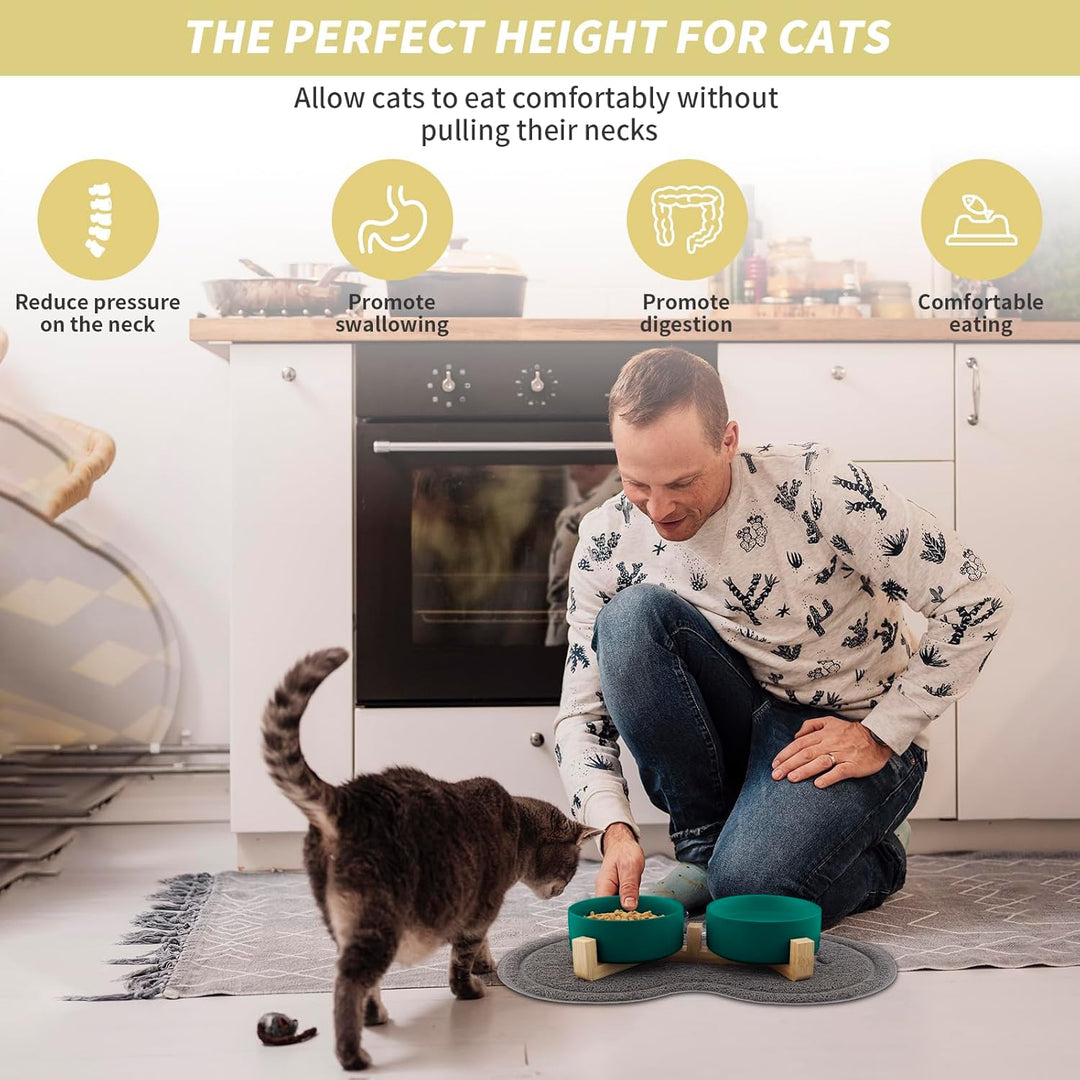 Katzennapf, 2 Stück Keramik Futternapf Katze Set, 3-in-1 rutschfeste Katzennäpfe mit Holzstände und