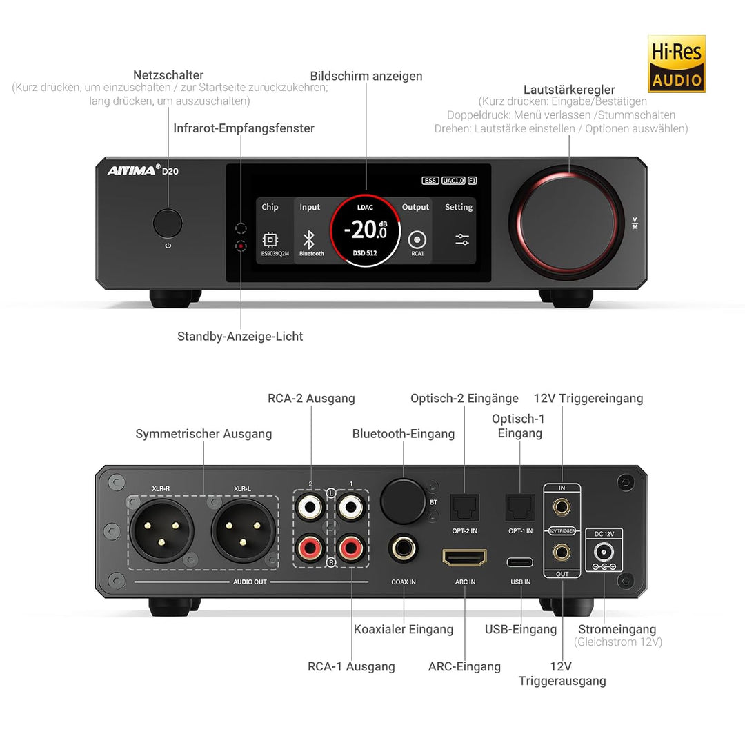 AIYIMA D20 Vollsymmetrischer Hifi-DAC mit zwei DAC-Chips ES9039Q2M AK4493S | XMOS XU316 Desktop-DAC,