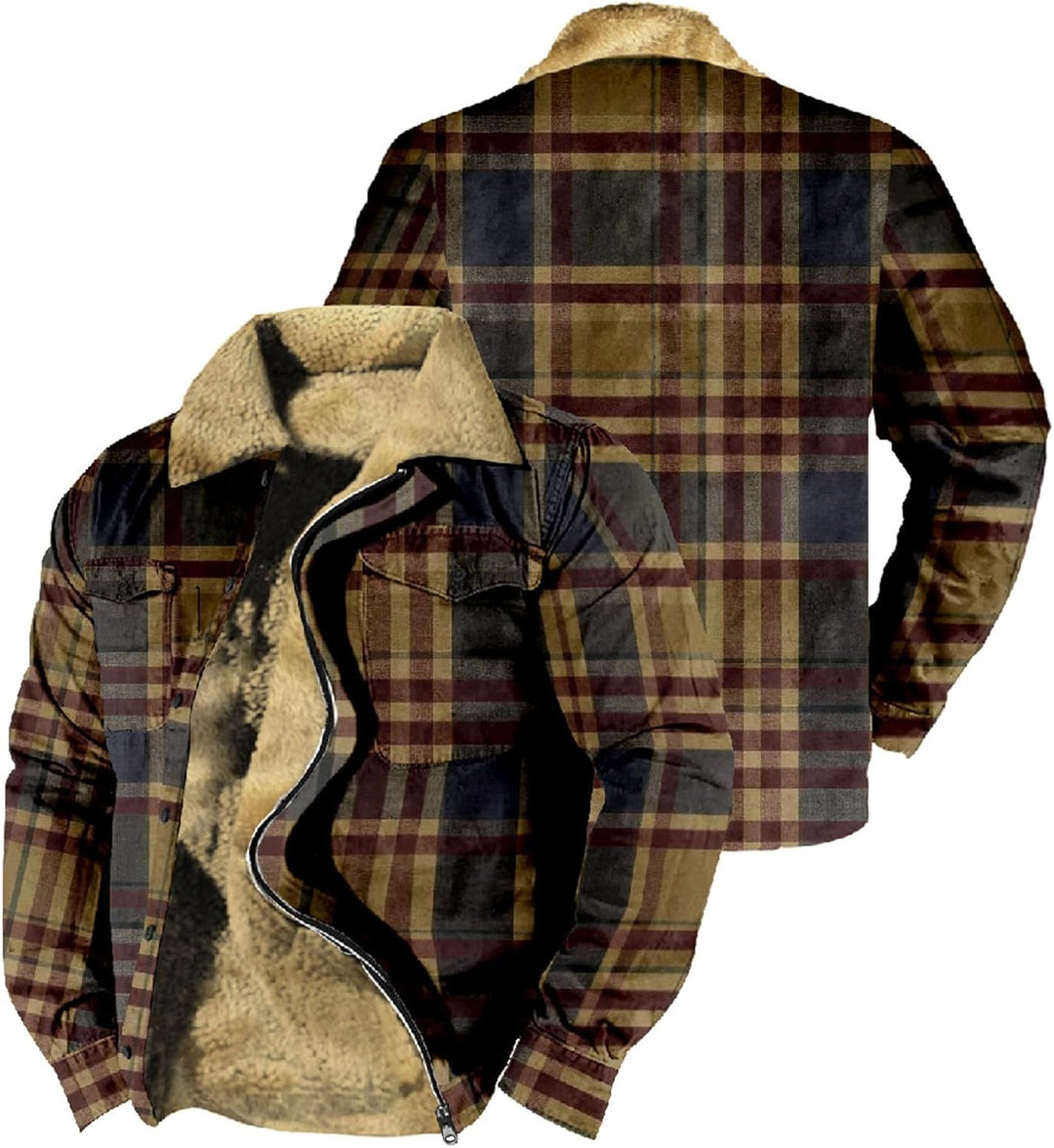 Gefütterte Jacke Herren Kariertes Druck Fleecefutter Übergangsjacke Mit Taschen Winterjacke Mit Reis