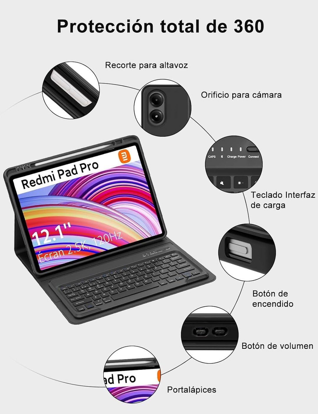 Tastatur für Redmi Pad Pro 12.1 | Schutzhülle Redmi Pad Pro mit Tastatur 2024 [Spanisch Ñ], kabellos