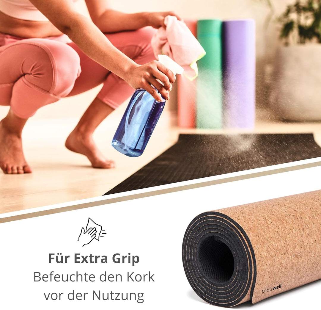Mosswell Premium Kork-Yogamatte (4mm dick) - Rutschfeste Fitnessmatte mit Hilfslinien - Pilatesmatte