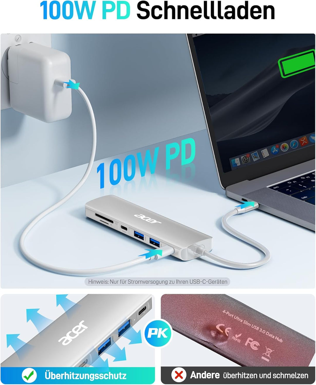 Acer USB C Hub, 7-in-1 USB-C zu HDMI Splitter, 2 USB 3.1 GEN1 und 5 Gbps Typ-C Datenanschluss, 4K HD