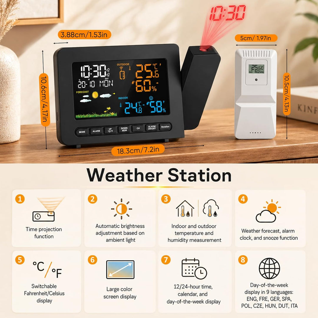 Wetterstation Funk Mit 3 Aussensensor,8.3" Farbdisplay,Weckerprojektion