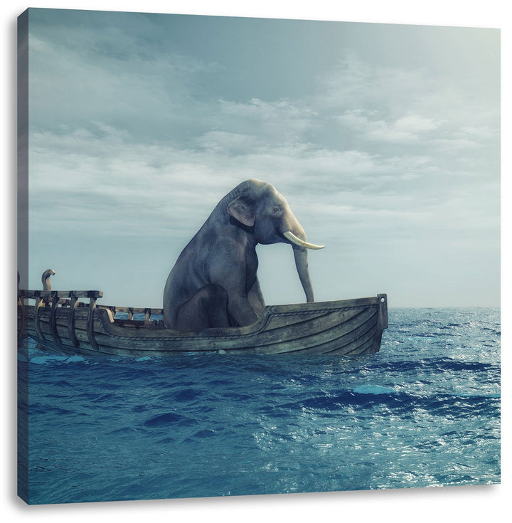 Pixxprint lustig sitzender Elefant im Boot als Leinwandbild/Grösse: 70x70 cm/Wandbild/Kunstdruck/fer